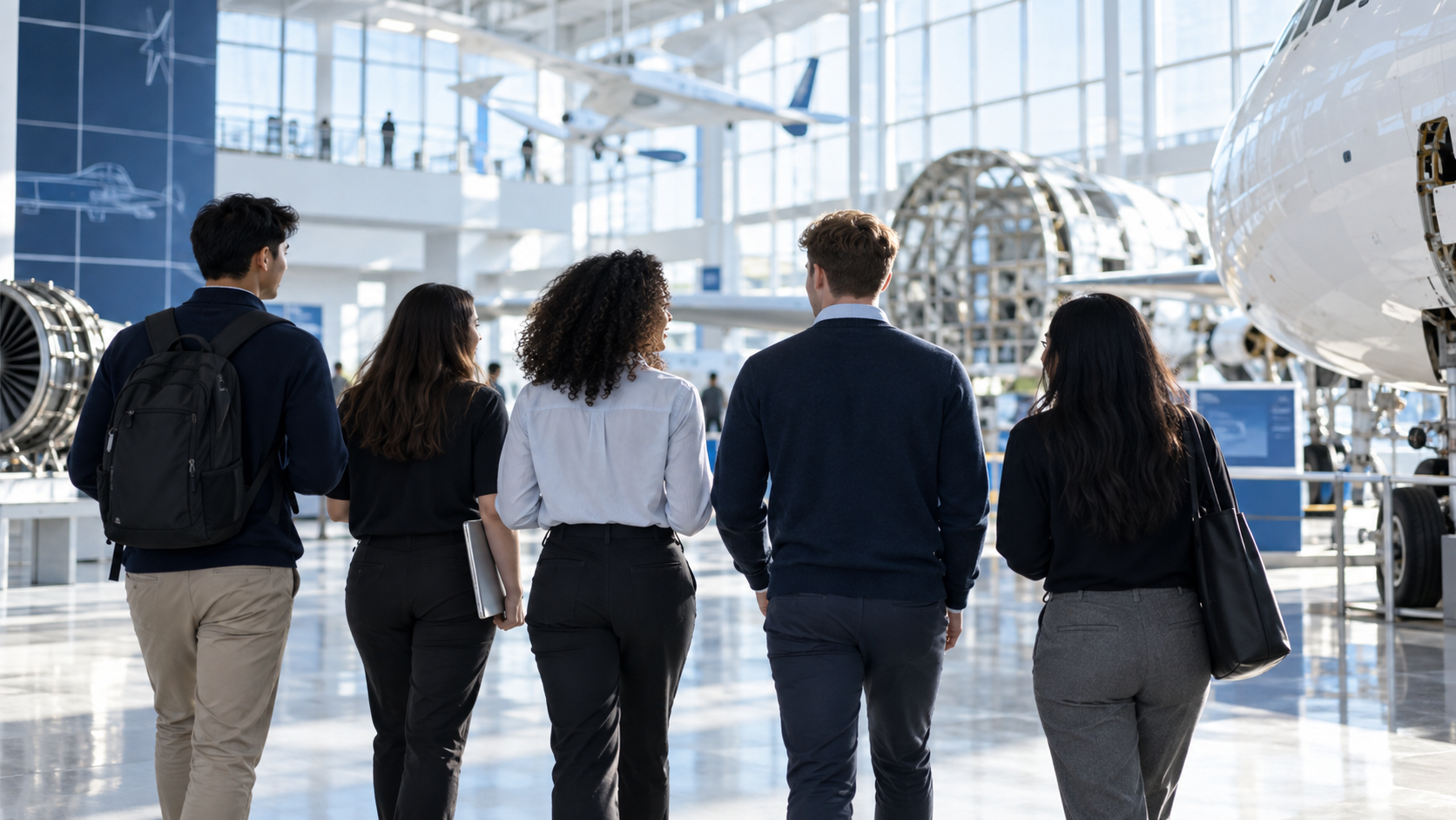Early-career professionals walking through a bright aerospace facility